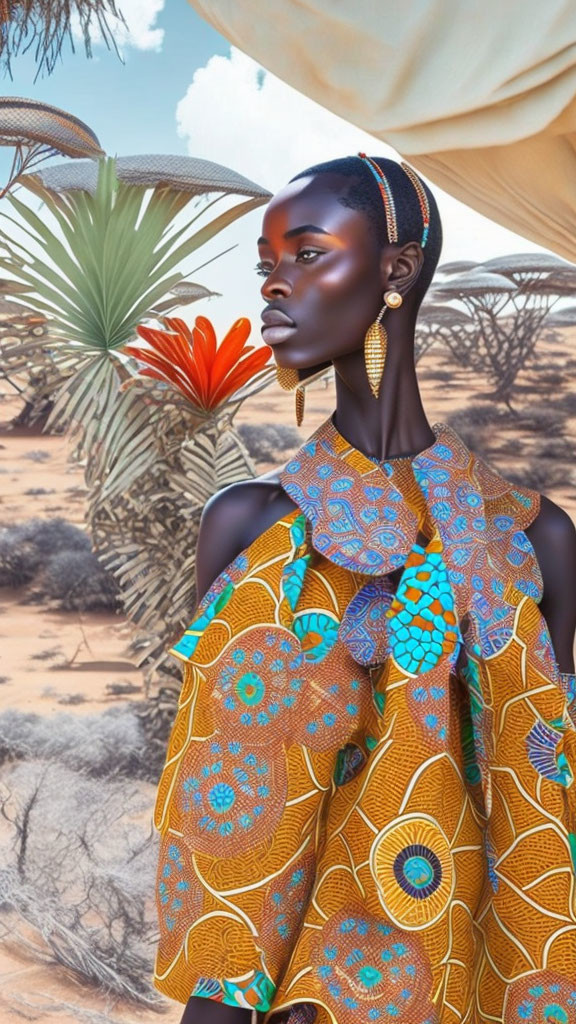 Stylized image of dark-skinned woman in vibrant clothing against desert backdrop