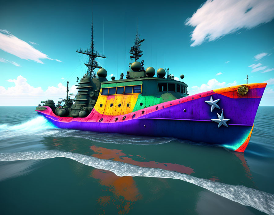 Colorful Military Ship with Polka Dots and Stars on Calm Sea