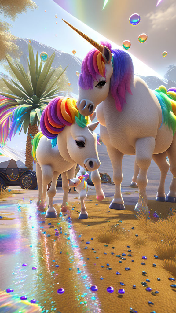 Vibrant CG image: Two unicorns with rainbow manes on golden path