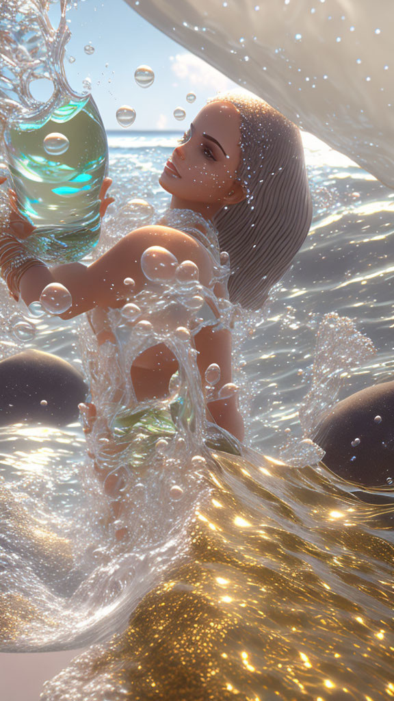 Illustrated woman submerged in water with bubbles and bottle under sunlight.