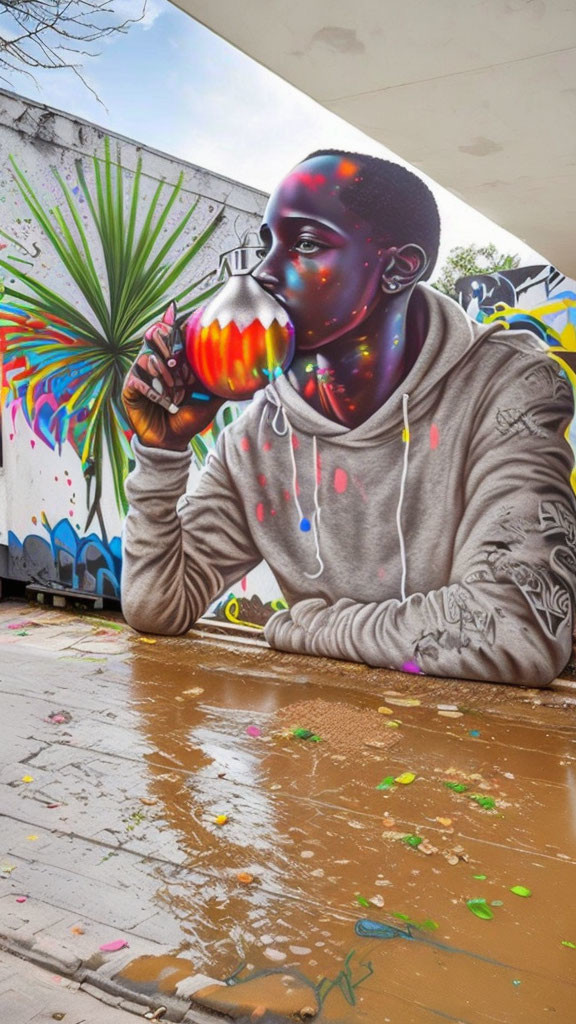 Colorful graffiti of a tattooed person sipping an apple under a bridge