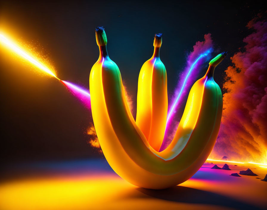 Vibrant cosmic background with glowing neon bananas