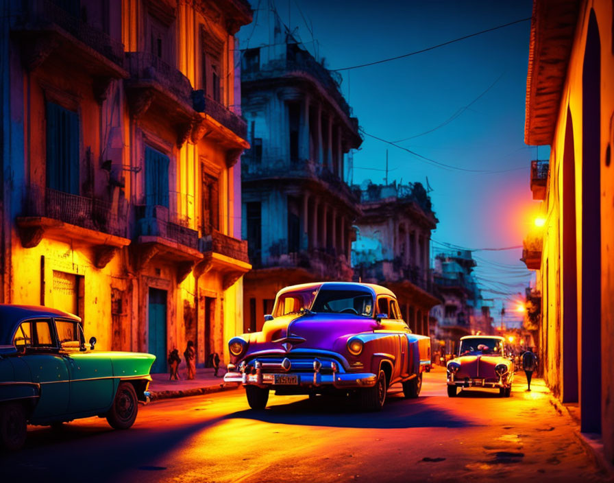 Colorful vintage cars and buildings in vibrant street scene at dusk