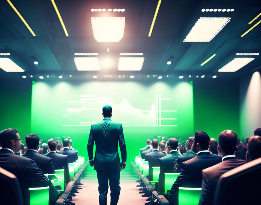 Man presenting in front of green-tinted screens at conference.