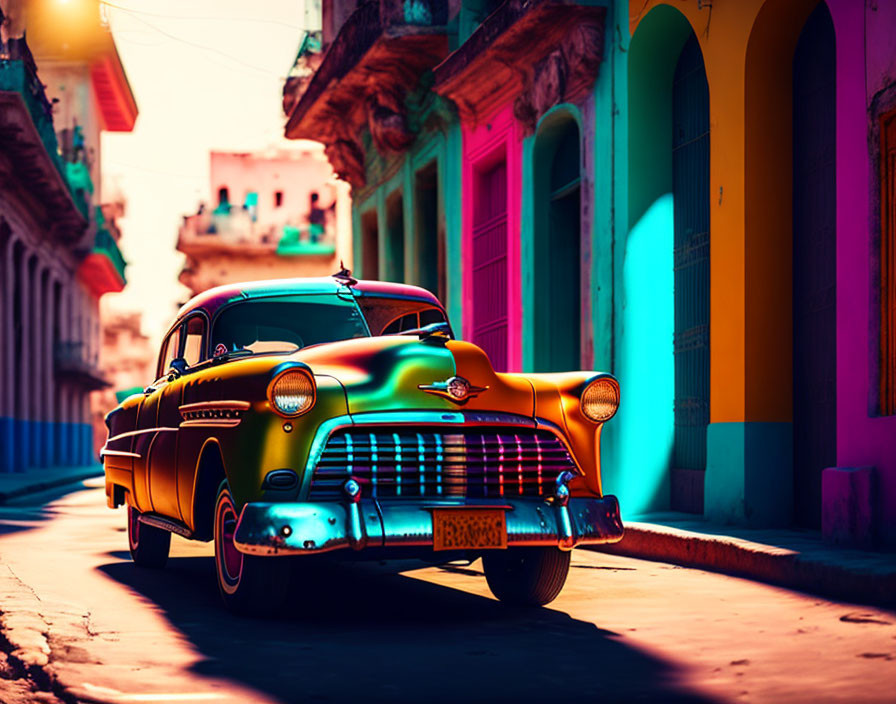 Vintage car parked on colorful street with pastel buildings