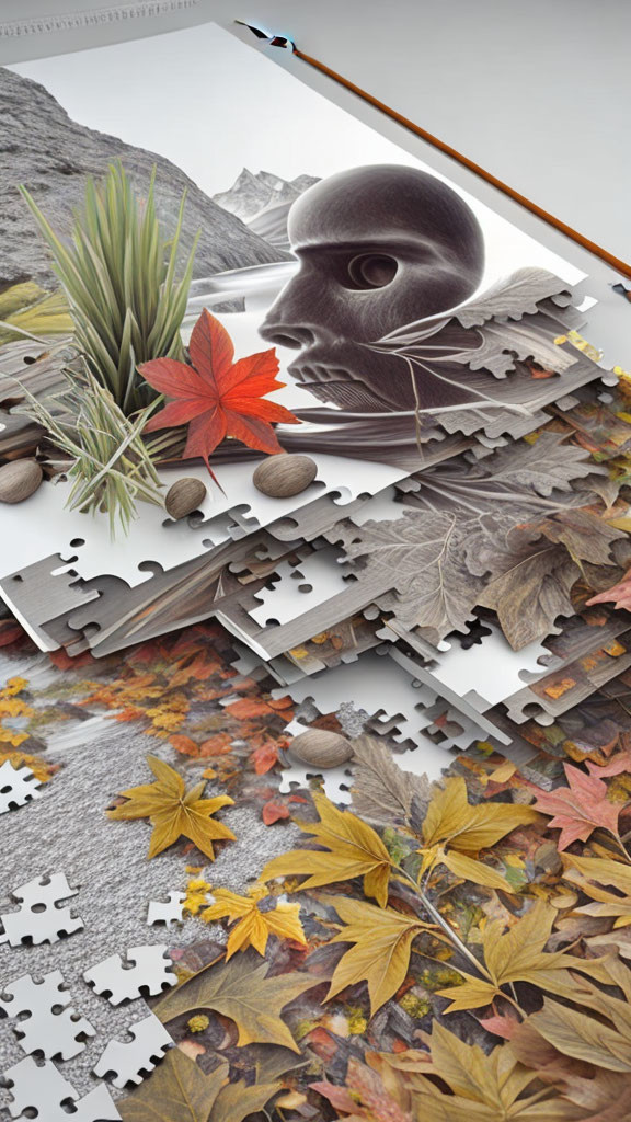 Pencil on 3D head puzzle with autumnal background