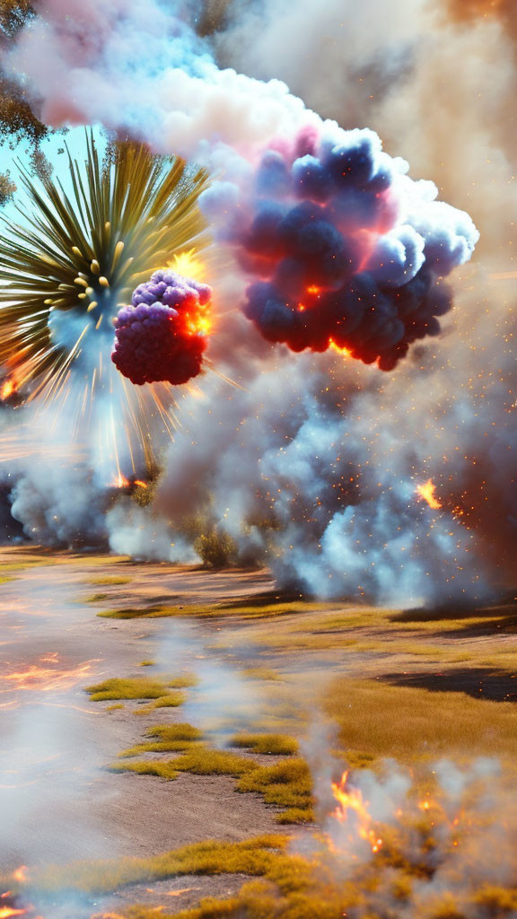 Colorful fireworks illuminate cloudy sky over serene landscape