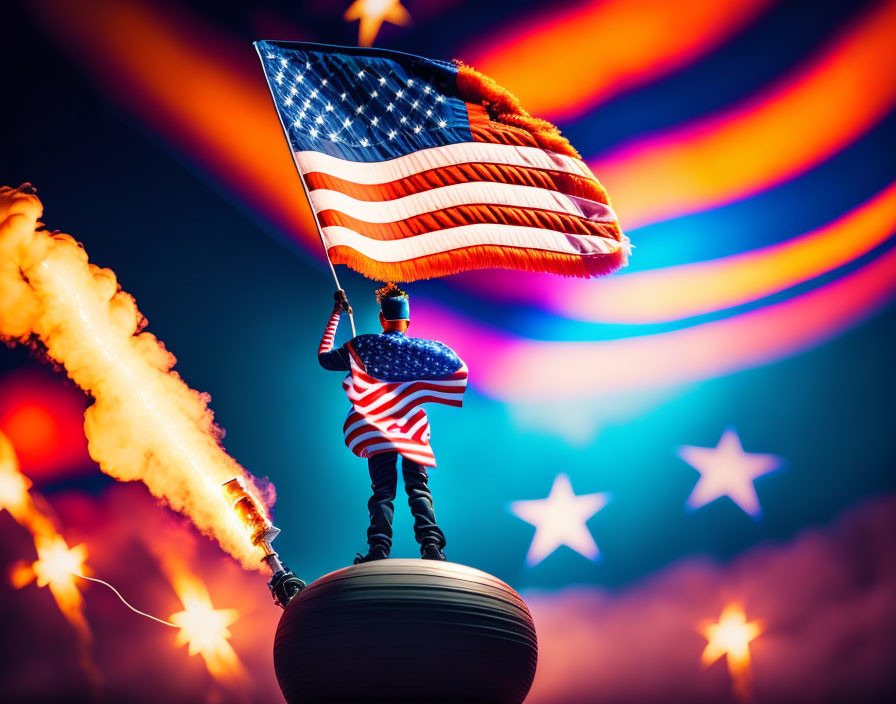 Astronaut figurine with American flag on globe amid fireworks