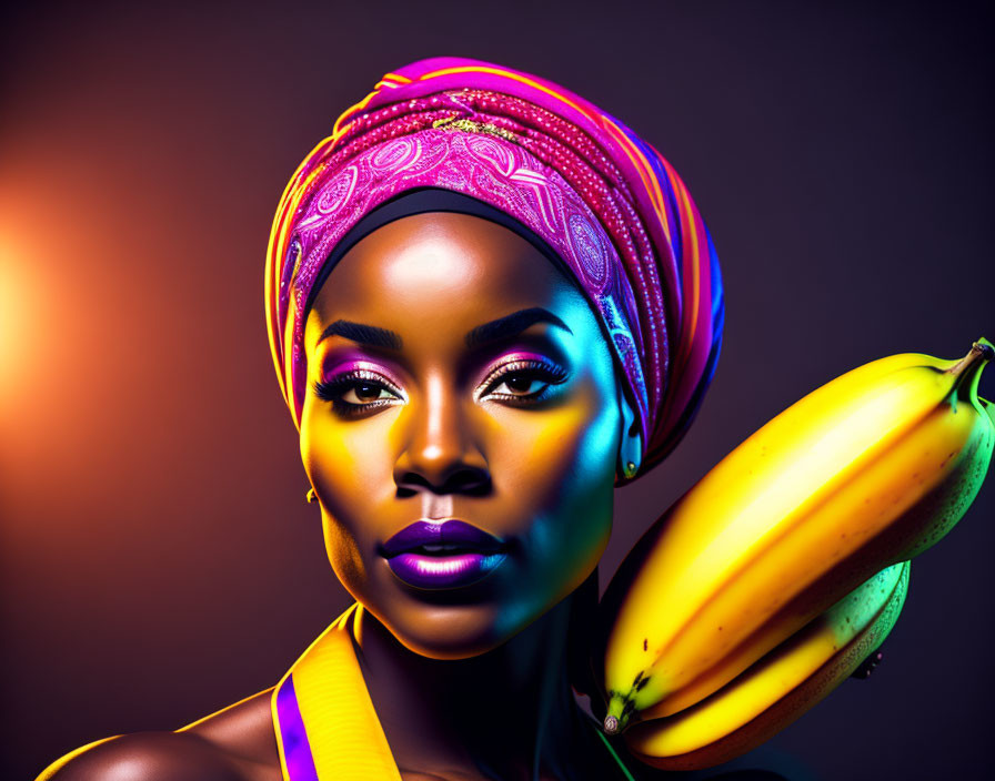 Vibrant Headscarf Woman Poses with Bananas in Colorful Lighting