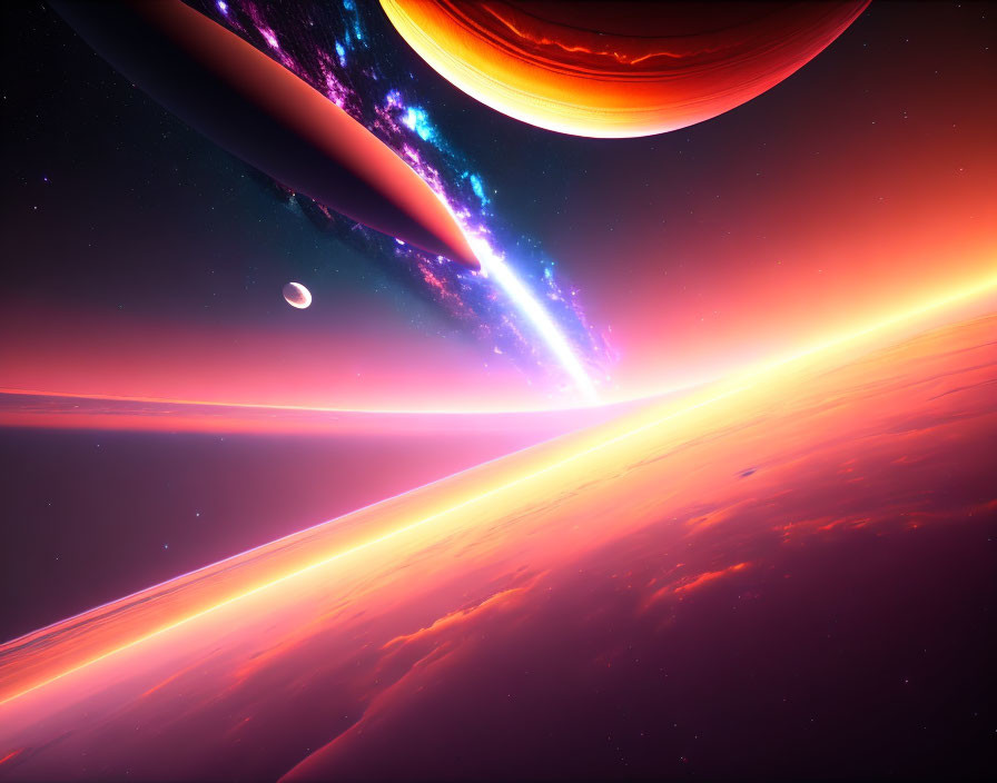 Colorful space scene with ringed planet, moon, comet, and glowing horizon.