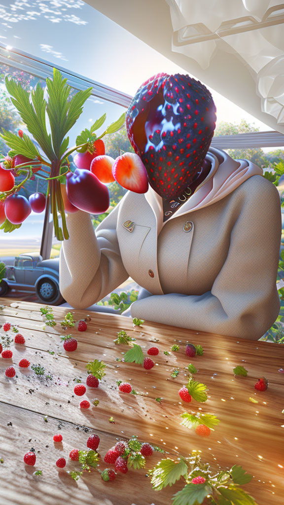 Surreal image: Figure with strawberry head in suit with vegetables in countryside