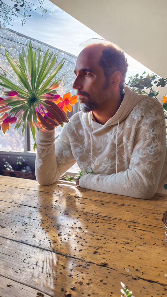 Bearded man in lace shirt at wooden table with plant and sunlight