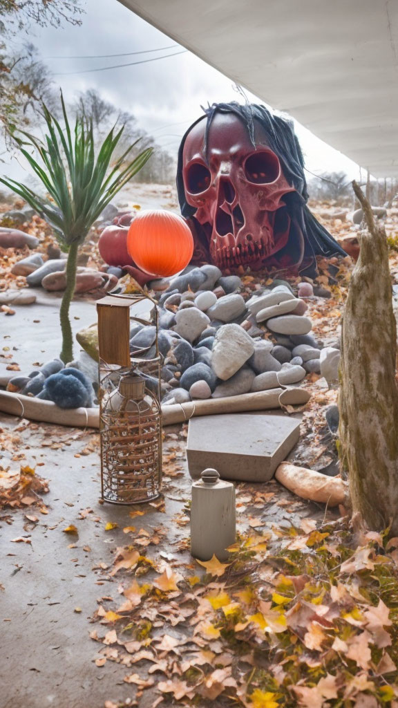 Skull decoration in fall setting with pumpkins, lantern, and barren tree