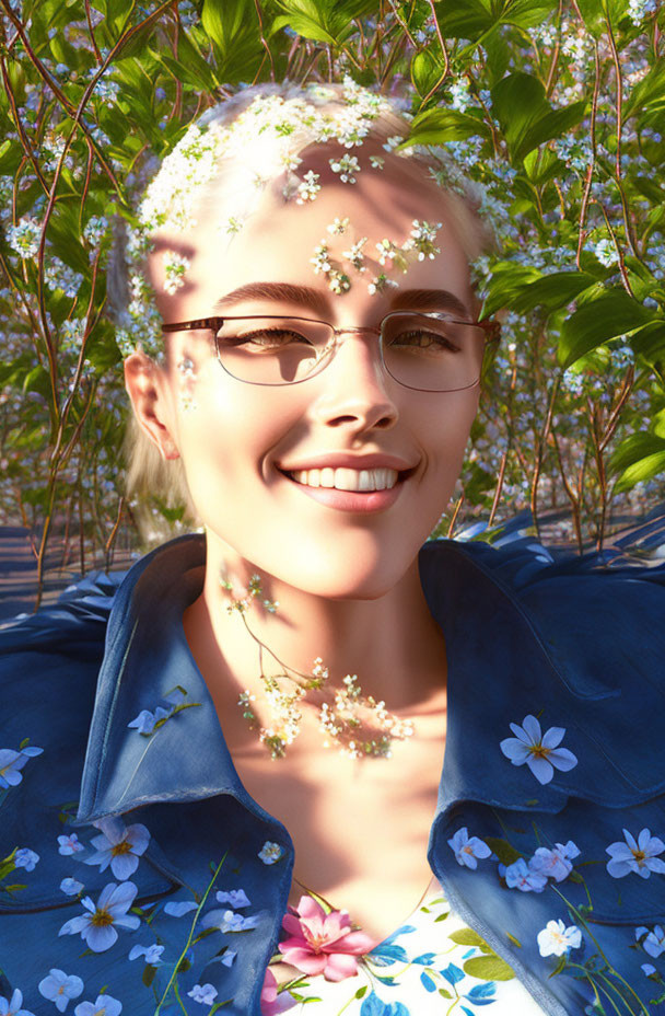 Smiling person in denim jacket and floral shirt surrounded by green foliage and white flowers