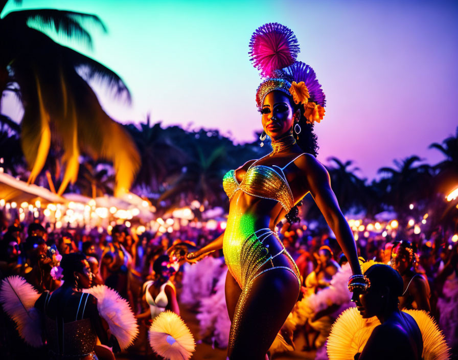 Colorful carnival dancer in glittering costume leads nighttime parade.