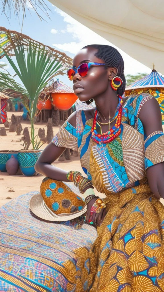 Woman in Vibrant African Attire Sitting Under Canopy with Traditional Huts in Background