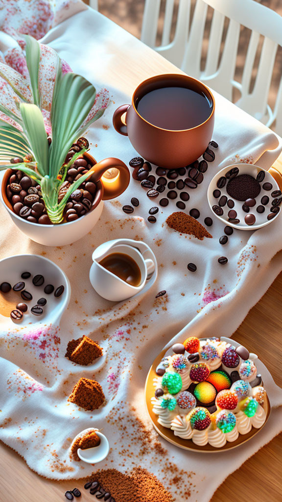 Cozy Coffee Setup with Cup, Beans, Plant, and Tart in Sunlight