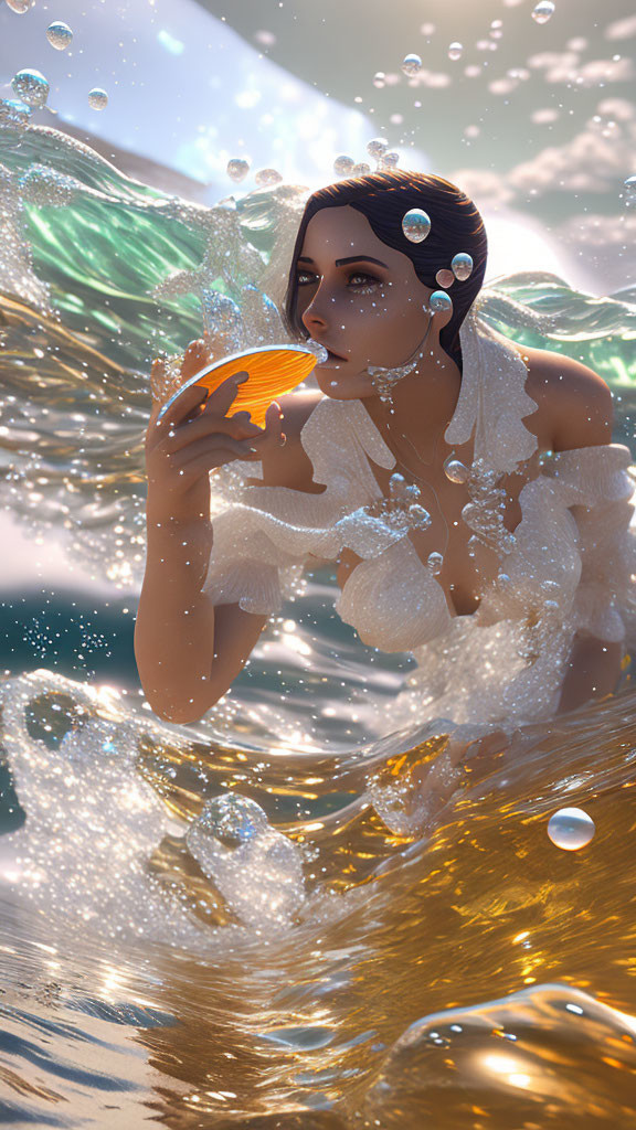 Digital artwork: Woman in golden waters with glowing orb and bubbles