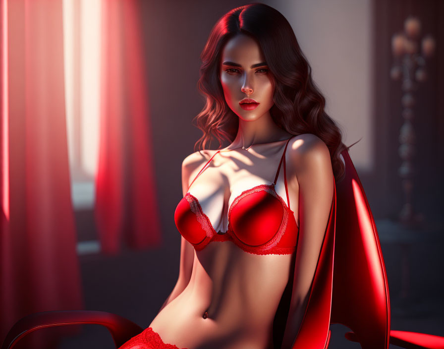 Digital Artwork: Woman in Red Lingerie on Chair with Dramatic Lighting