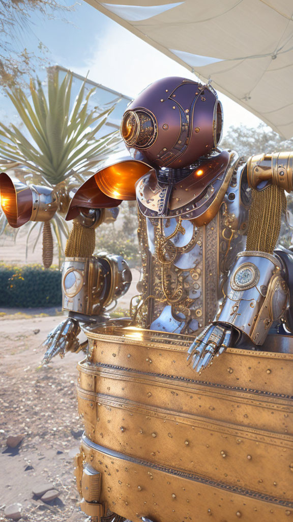 Steampunk-style robot with brass and bronze details and glowing orange eyes in sunny outdoor setting with palm