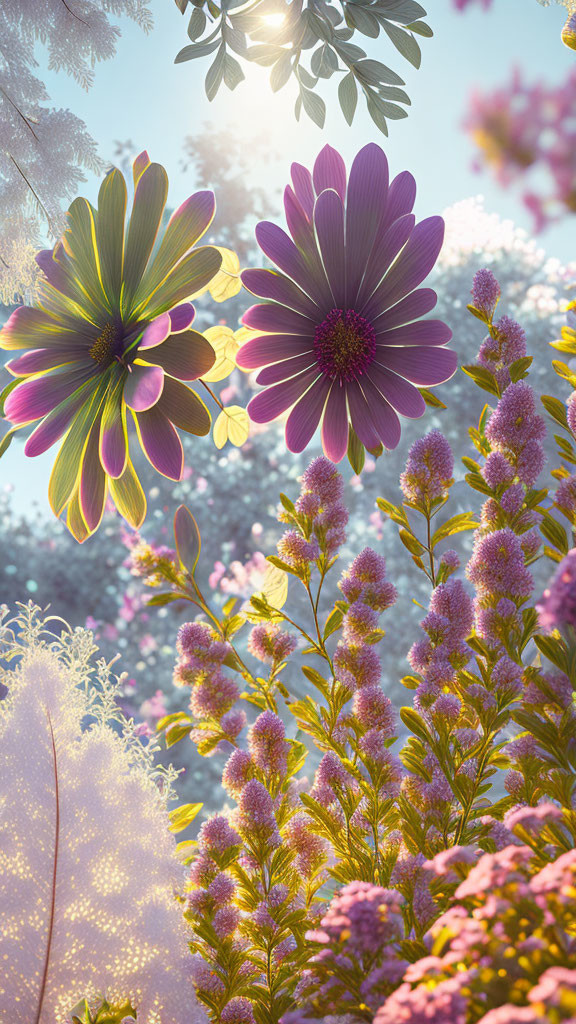 Colorful Oversized Flowers Among Smaller Blooms and Foliage