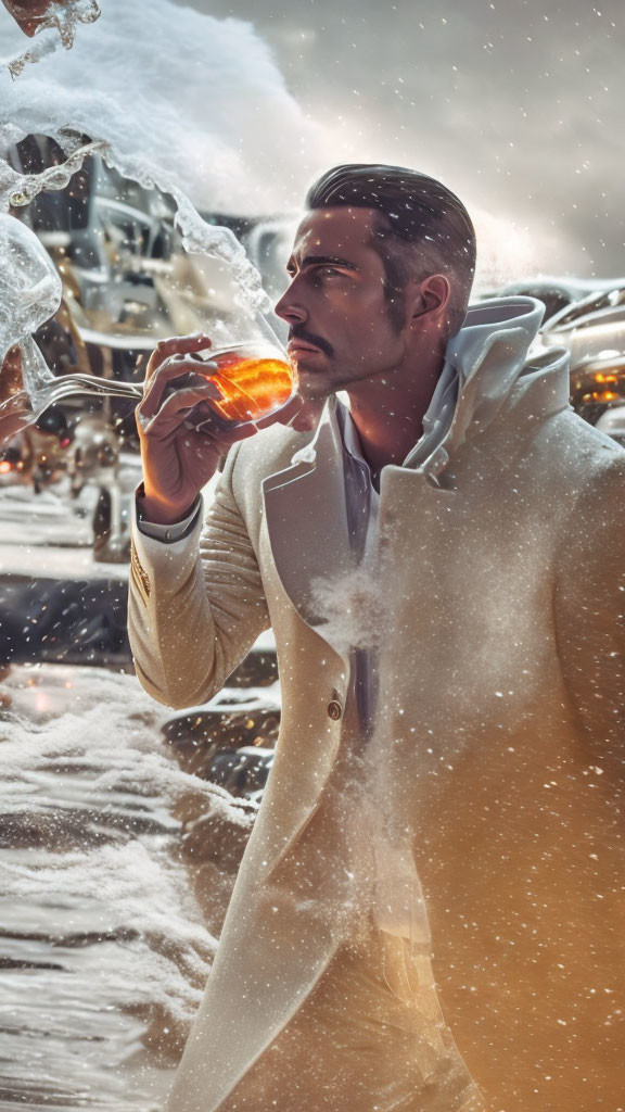 Man in white coat drinks amid snowy scene with blurred cars and ice sculptures.