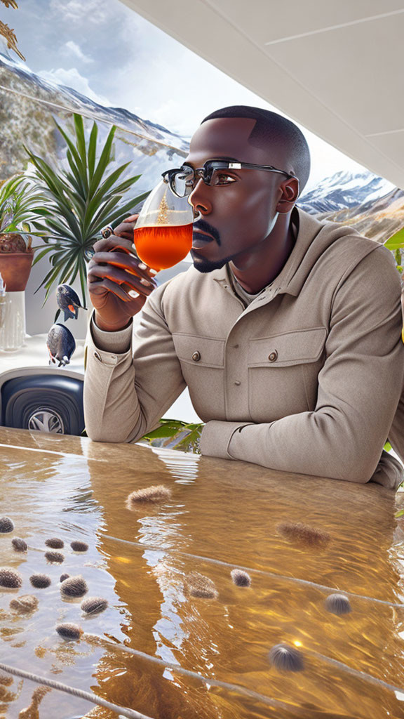 Stylish man sipping drink at table with mountainous reflection