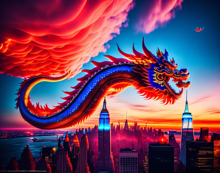 Colorful dragon flying over cityscape at sunset with helicopter