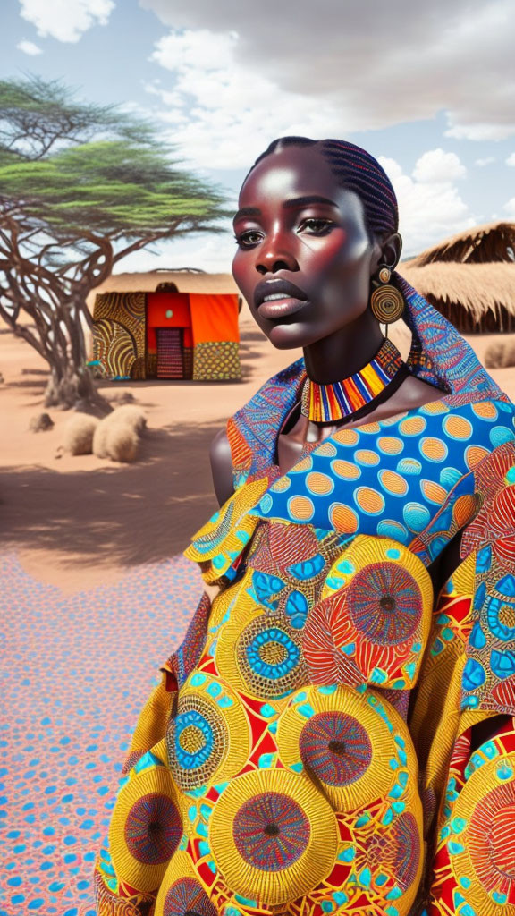 Vibrant woman in African attire with bold makeup in savannah setting