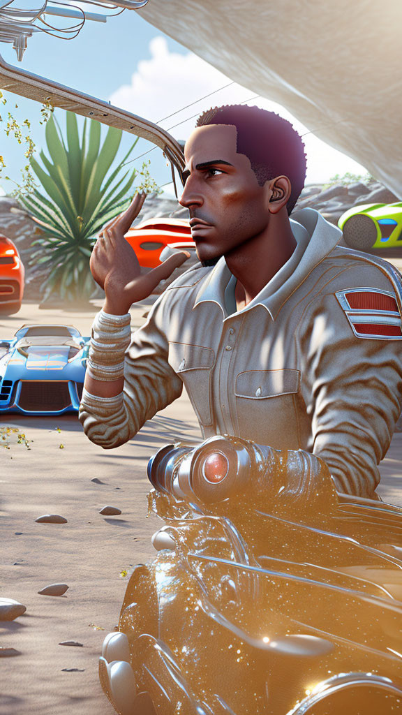 3D-rendered image of man in white jacket driving classic car with police cars and palm trees.