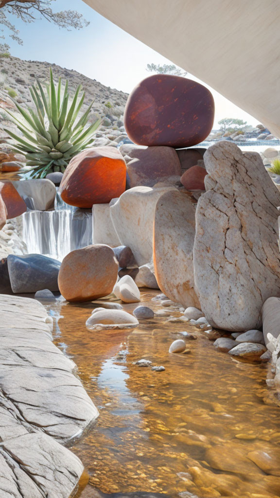 Tranquil stream flowing over rocks in lush green setting