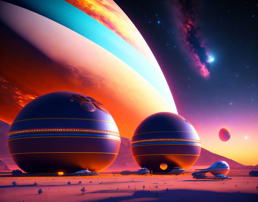 Futuristic alien desert with spherical structures under ringed planet