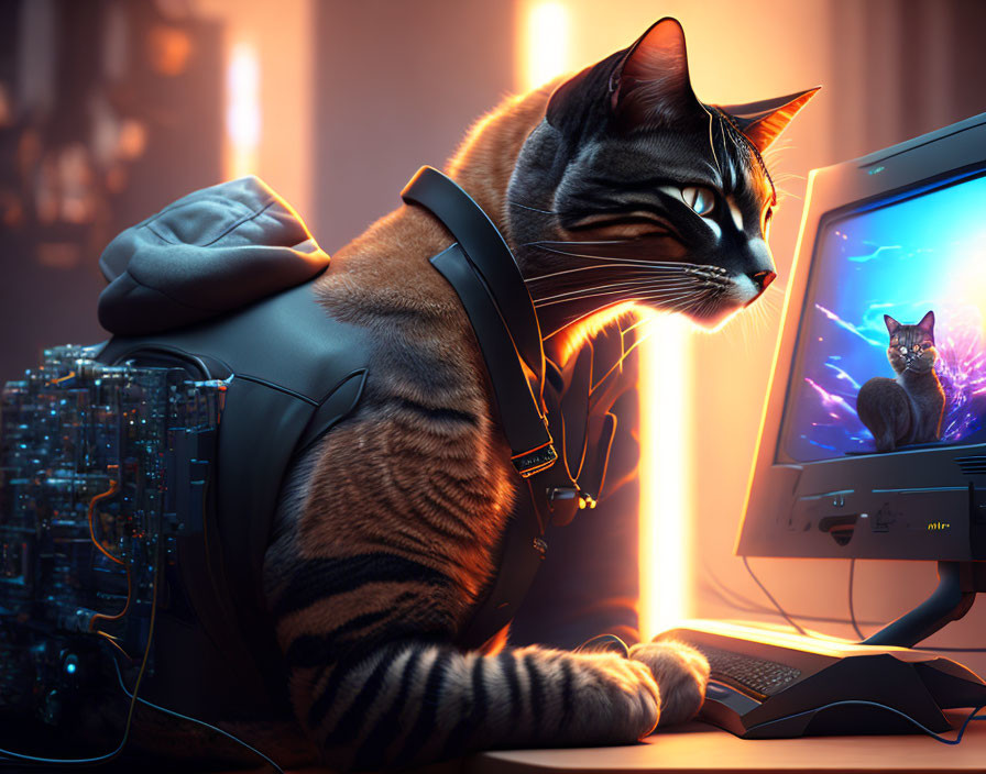 Futuristic cat in suit at computer with reflection in orange glow