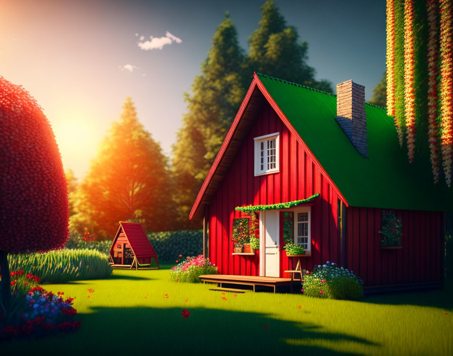 Red cottage with white trim in lush greenery at sunset