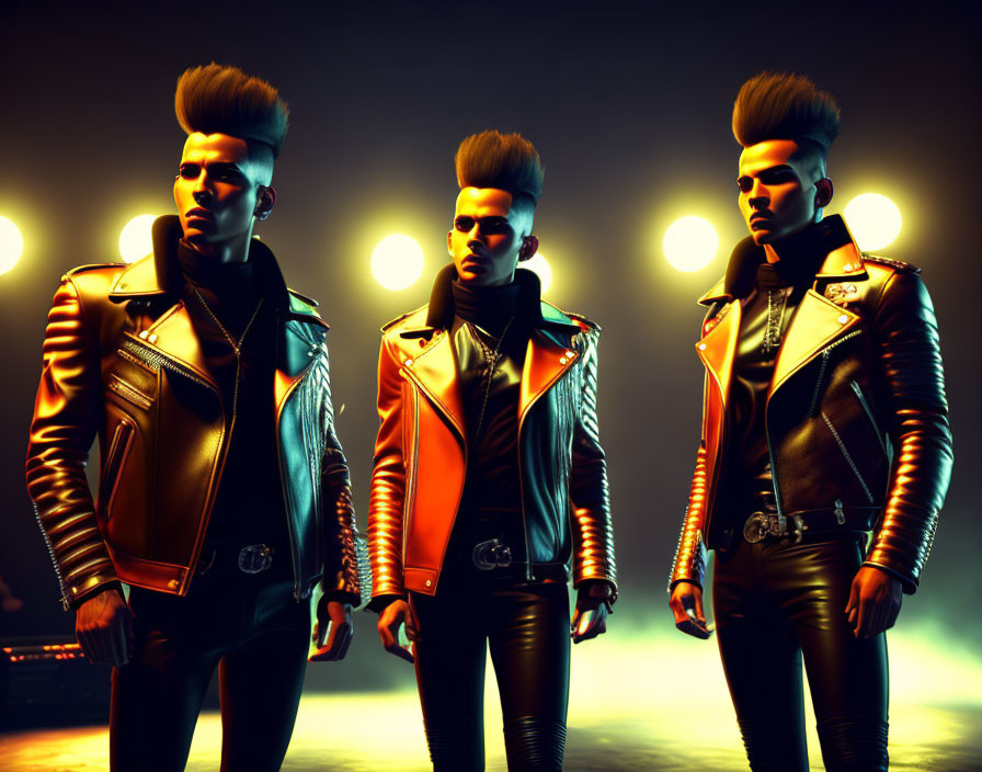 Stylized figures with mohawks and leather jackets in punk rock setting