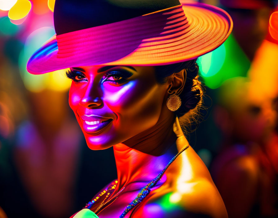 Woman in wide-brimmed hat smiling under vibrant neon lights at festive event