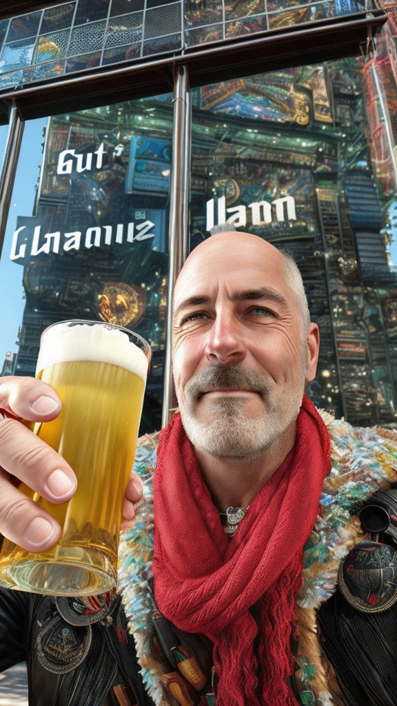 Bearded man in colorful scarf holding beer glass with reflective building in background