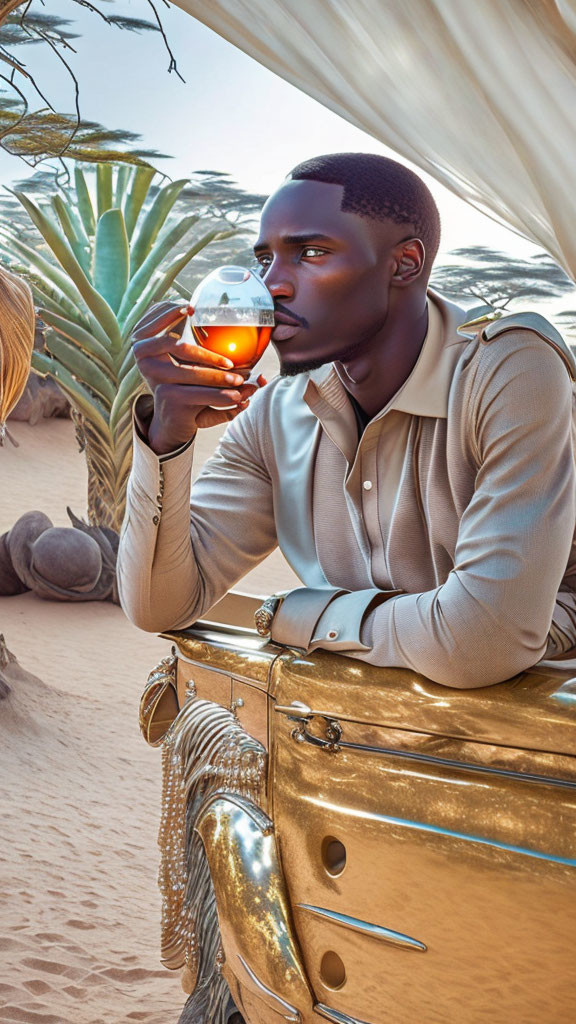 Man in beige shirt gazes through glass sphere in desert with agave plants.