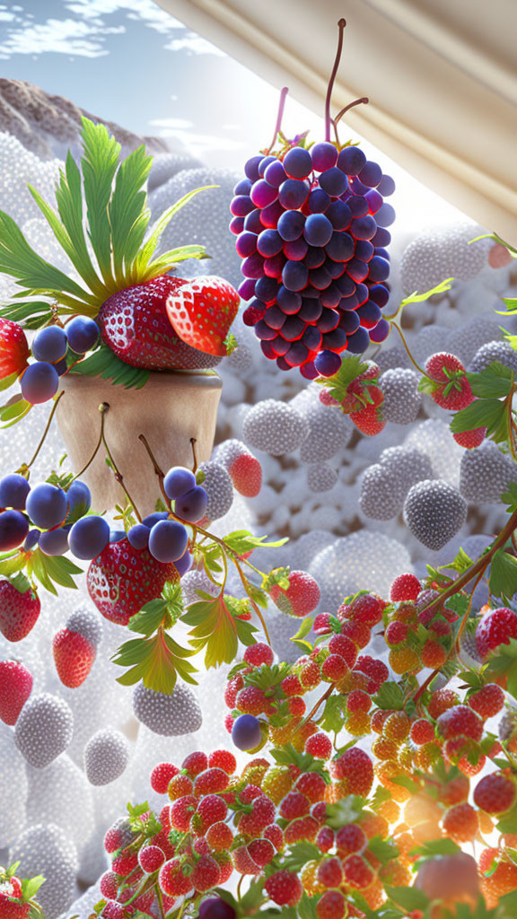 Whimsical oversized fruits with hidden face on fluffy white backdrop