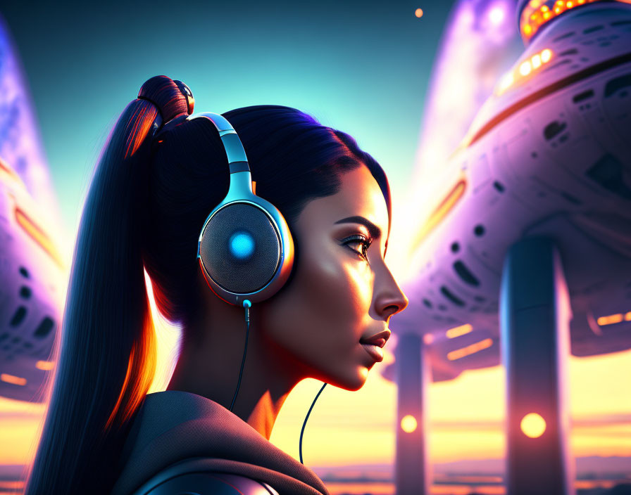 Sleek-haired woman with headphones in futuristic cityscape