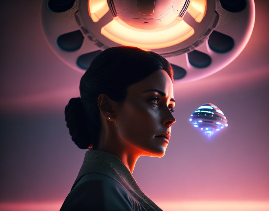 Woman with elegant hairstyle admires glowing object under futuristic dome