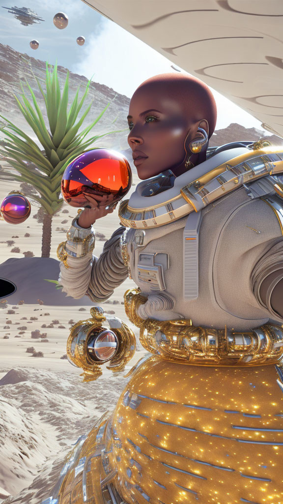 Futuristic astronaut in gold suit with glowing orb in desert landscape