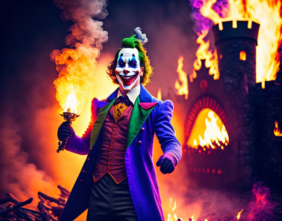 Person in Joker costume with chalice in front of burning castle