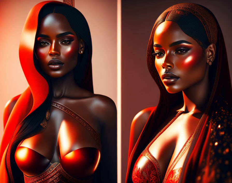 Digital artwork of twin women with dark skin in red headscarves and outfits under dramatic red lighting.