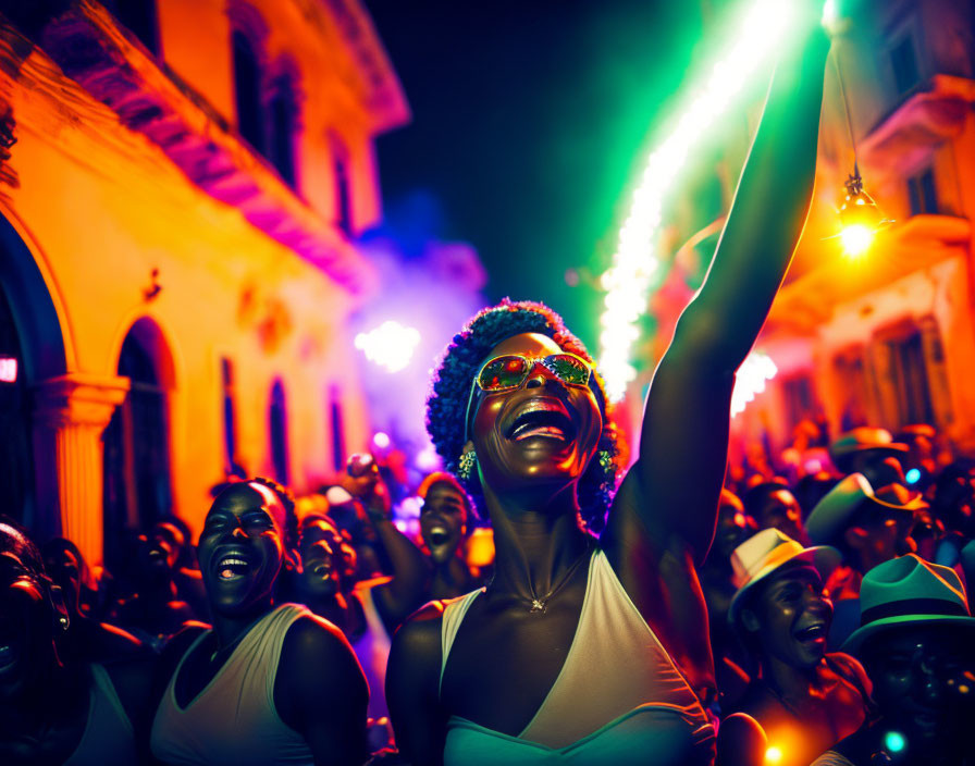 Nighttime Crowd with Smiling Woman Dancing Amid Colorful Lights