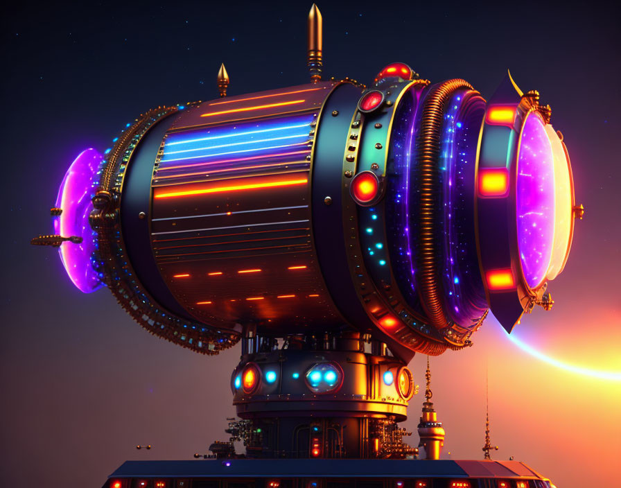 Futuristic cylindrical building with neon lights at twilight