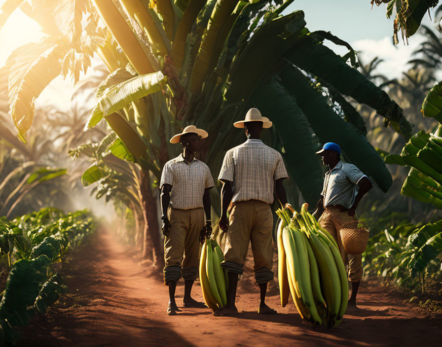 Three people carrying bananas in a plantation under warm sunlight