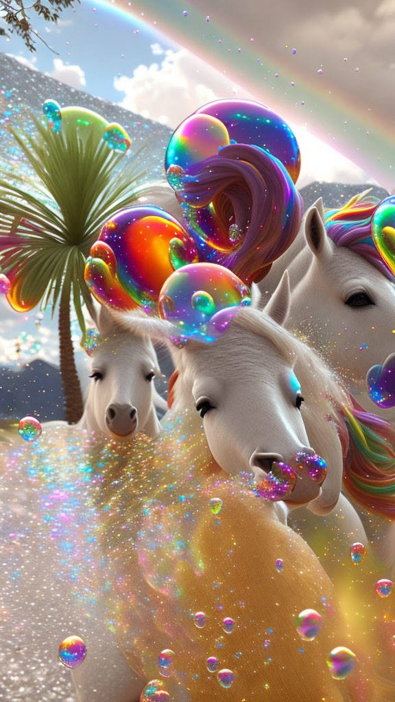 Fantasy unicorns with iridescent bubbles and rainbow at sparkling lake.