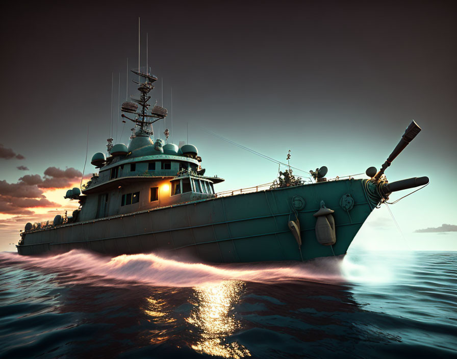 Navy ship on calm seas at dusk with warm sunset glow