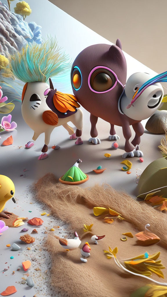 Vibrant creatures in whimsical coral setting with large eyes